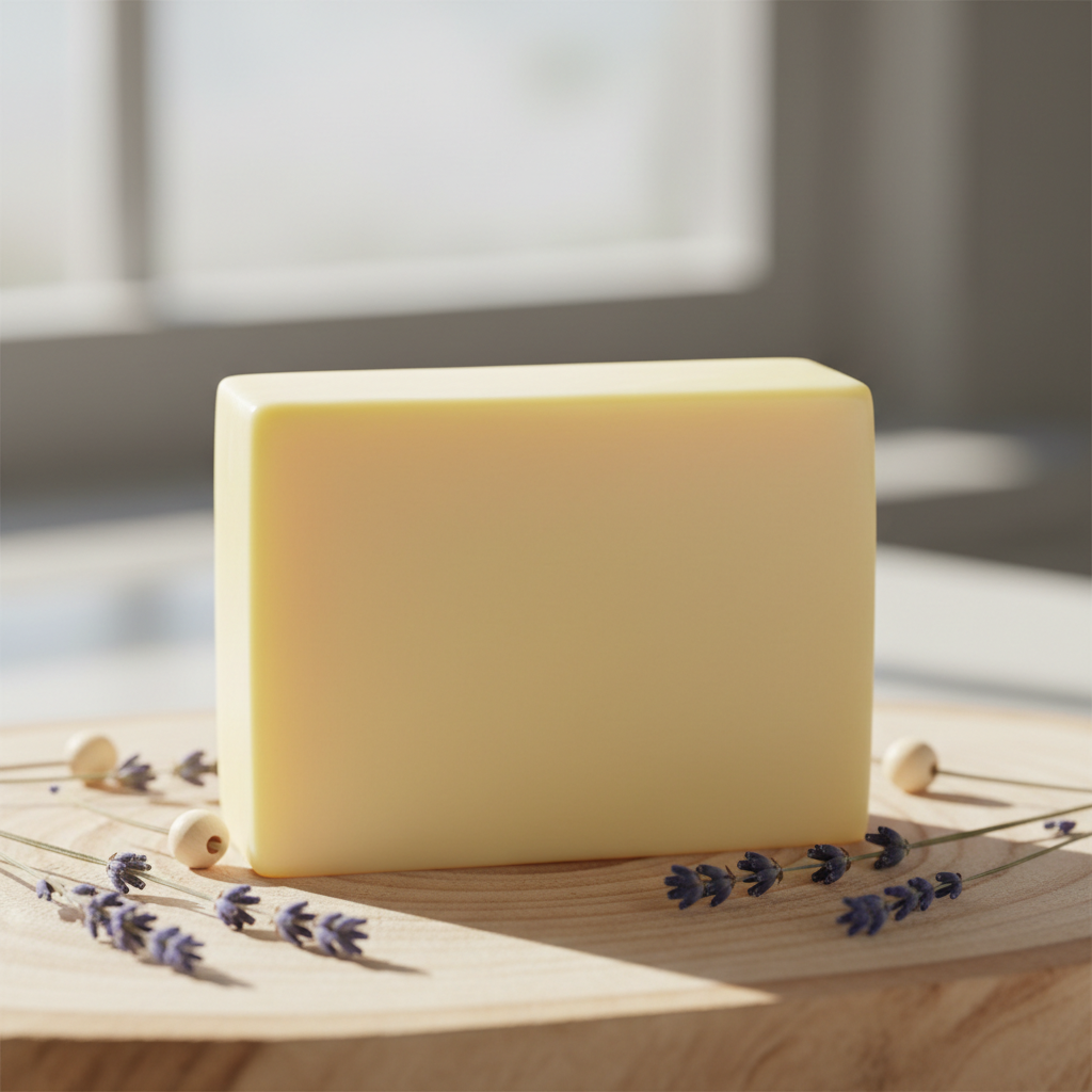 Cream Yellow Lavender Patchouli Soap on Wood
