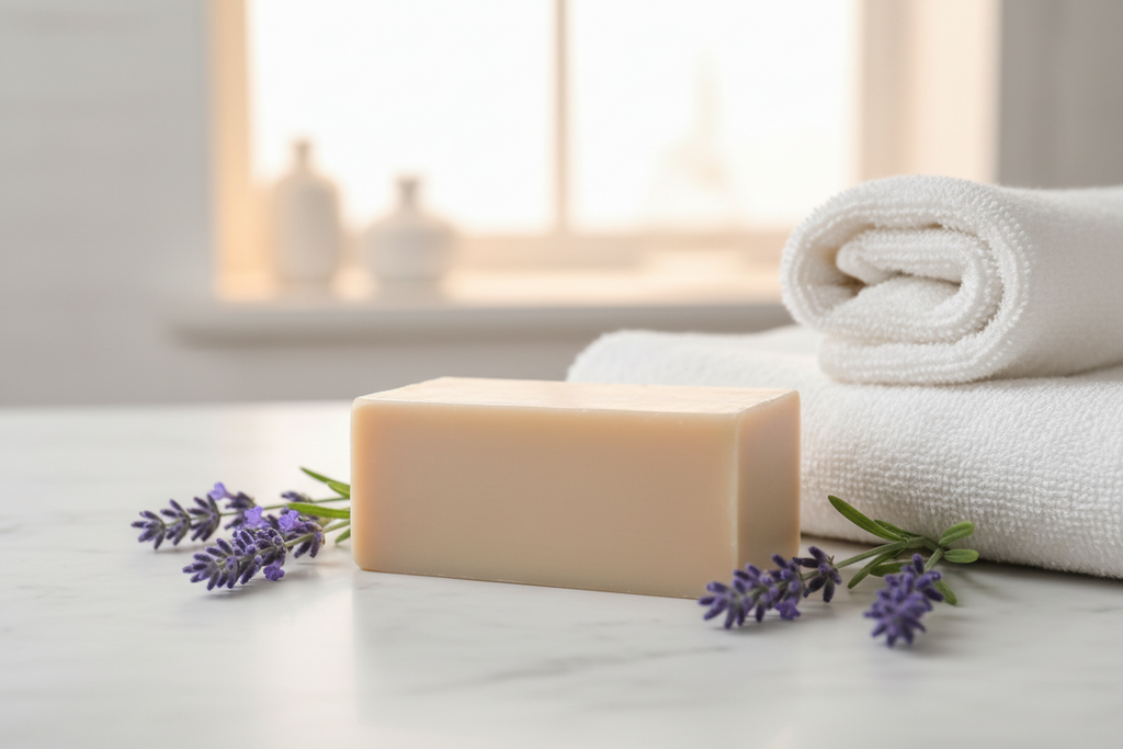 Plain Beige Lavender Patchouli Soap Spa Setting