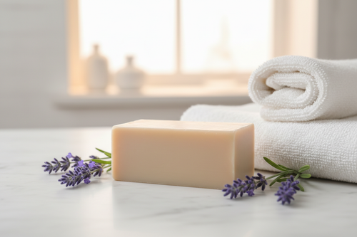 Plain Beige Lavender Patchouli Soap Spa Setting